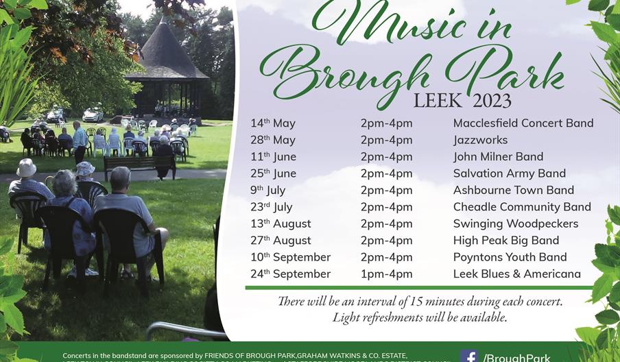 A graphic showing the line-up of musical acts performing at Brough Park, Leek, Staffordshire this Spring/Summer