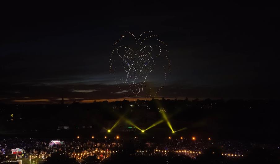 Space Safari drone light show with illuminated lion formation drones above a crowd at night