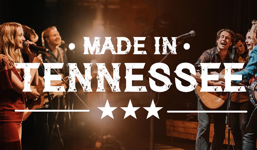 Image shows some country music performers with their guitars, standing behind mics on the left and right, with Made in Tennessee emblazoned on top of