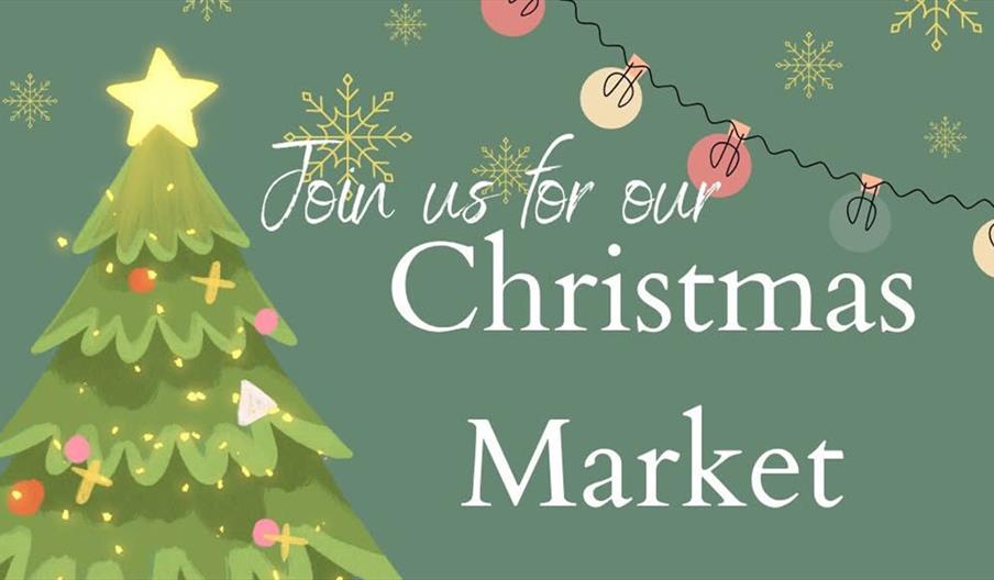 Festive graphic featuring a decorated Christmas tree with a glowing star on top, surrounded by snowflakes and a string of colorful lights. Text on the