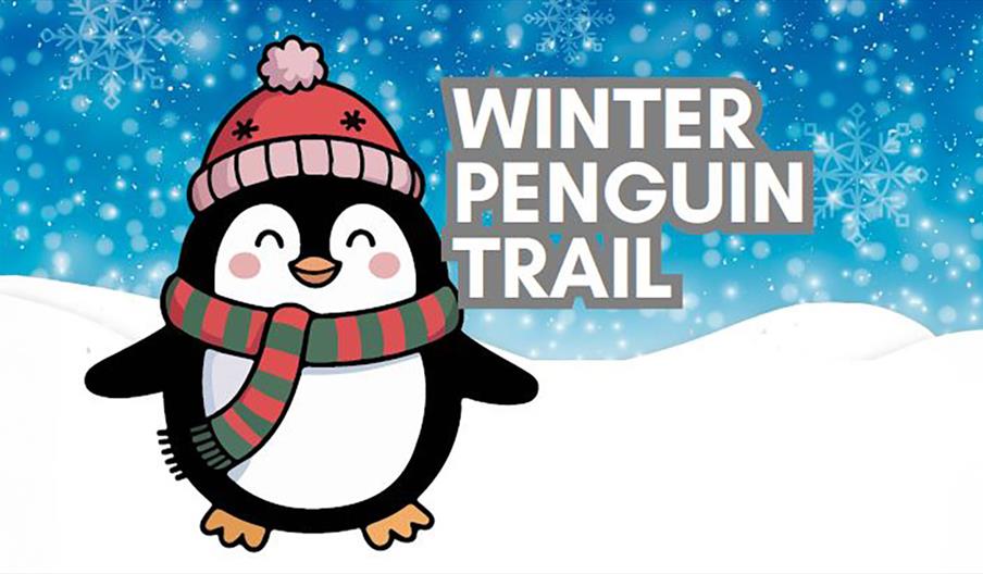 Illustrated promotional graphic for the Winter Penguin Trail event. It features a smiling cartoon penguin wearing a red knitted hat with a pom-pom and