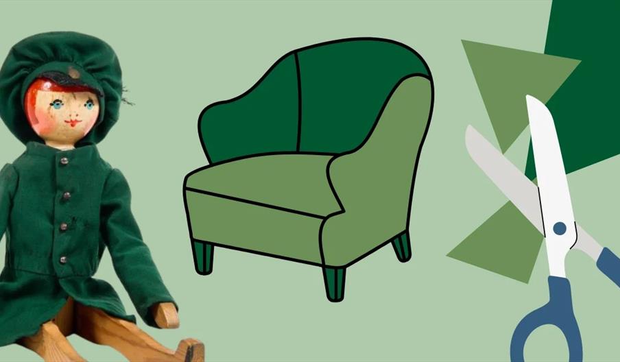 Vintage doll beside an illustrated armchair and scissors on a green background.