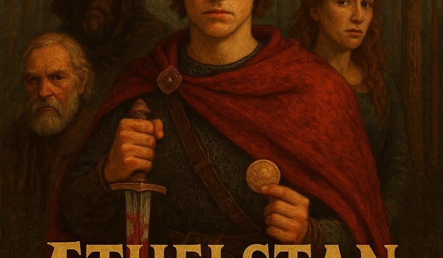 Athelstan, a King, holding a knife with a gold title