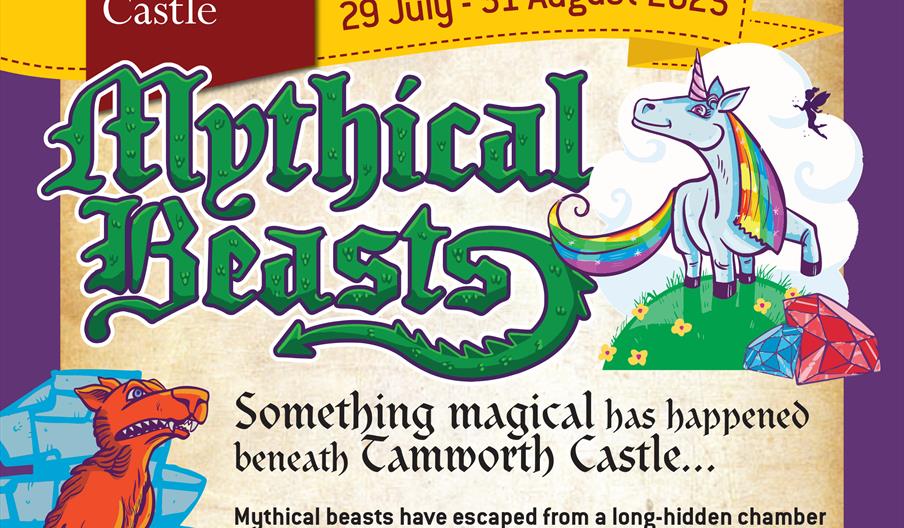 A green title with a yellow banner with three different dragons and text