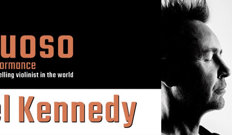 Poster for Nigel Kennedy’s “A Virtuoso Concert Performance,” featuring a black-and-white profile image of a violinist with a violin, alongside bold ev