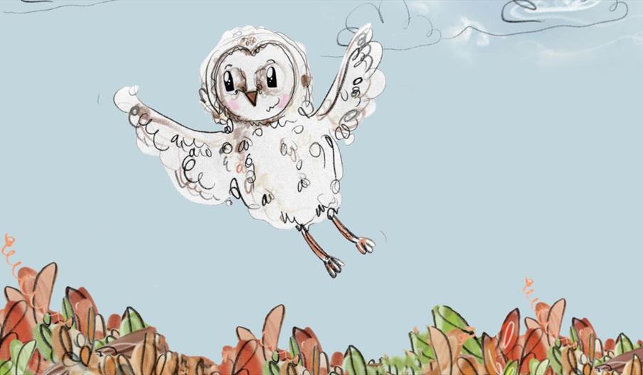Arbie owl flying above autumn-coloured leaves against a pale blue sky background.