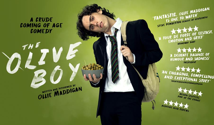 Image shows a graphic promoting The Olive Boy, with a selection of quotes from reviewers