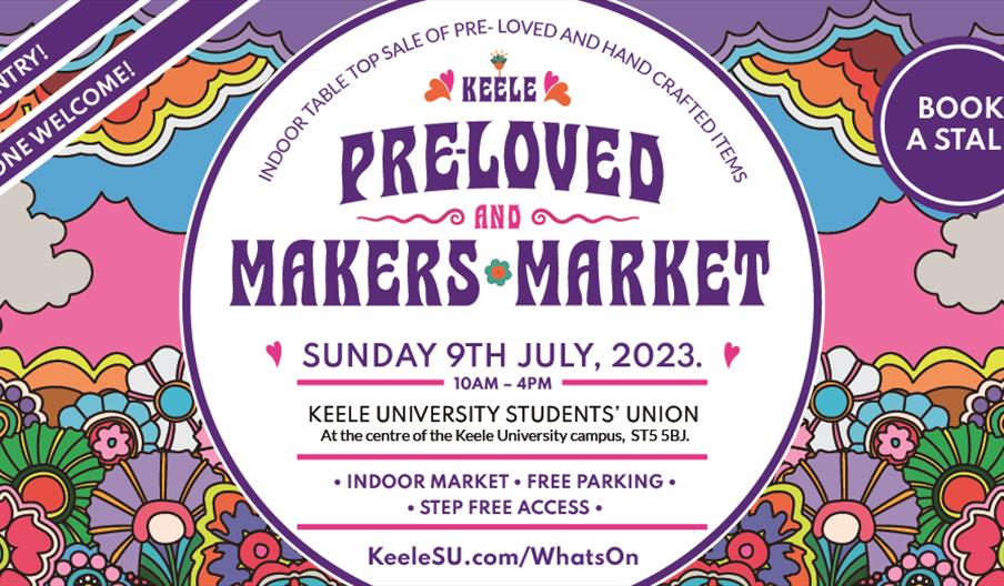 Graphic promoting pre-loved market at Keele University Student's Union including date, location, and amenities such as indoor, free parking and step f