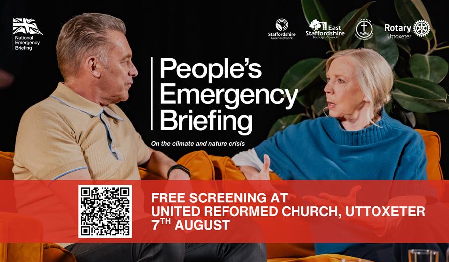 Promotional poster for The People’s Emergency Briefing community film screening in Uttoxeter, featuring two people in conversation and event details f