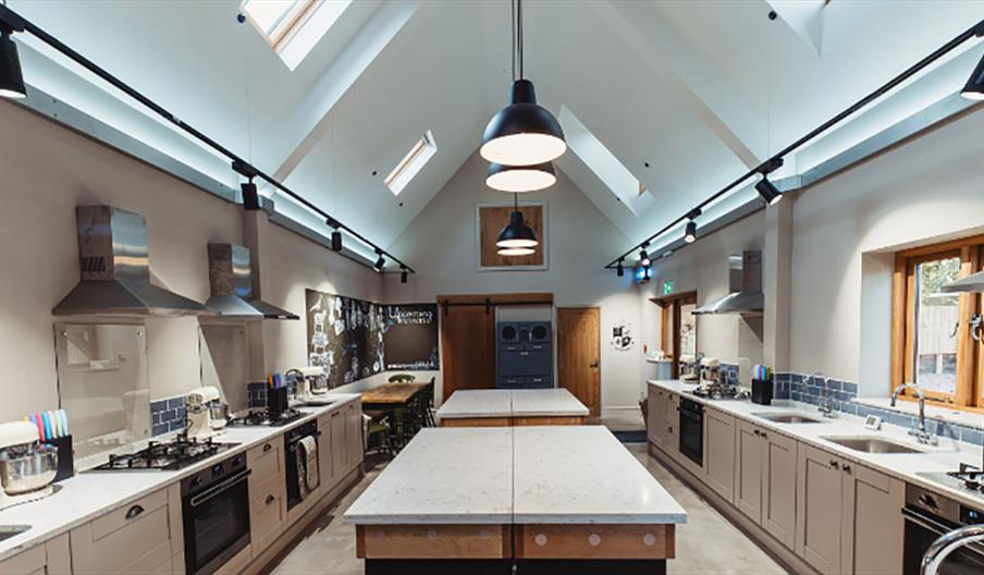 Image shows the kitchen at Perry's Field to Fork, ready for action before guests arrive
