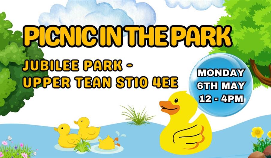 image of a poster for Picnic in the Park, with ducks, tress and a river.