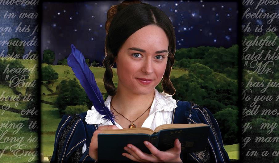 A costumed Jane Austen character, writing in a book with a quill