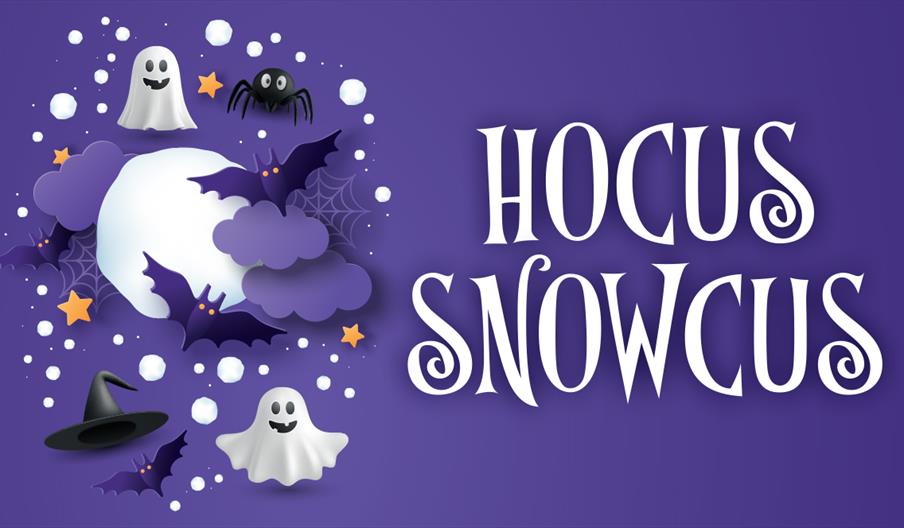 A graphic for Hocus Snowcus with images of cartoon ghosts, bats, spiders and witches' hats