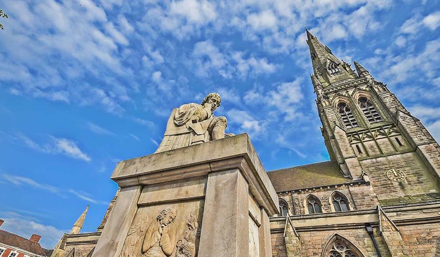 Samuel Johnson statue, Market Square, Lichfield with St Mary's in the background.