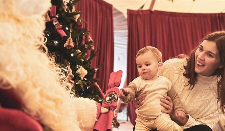 A mum and baby with Santa, with a Christmas Tree in the background