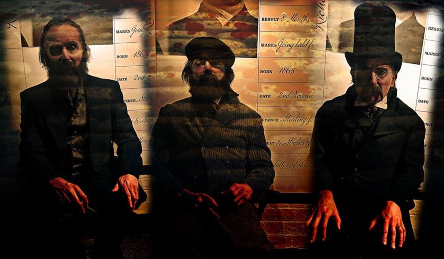 Three figures dressed in Victorian-era clothing seated against a backdrop featuring historical crime records with handwritten notes and dates. The sce