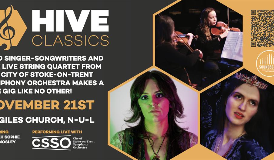 Promotional poster for Hive Classics at St Giles' Church, Newcastle-under-Lyme on 21 November. The design features photographs of a string quartet per