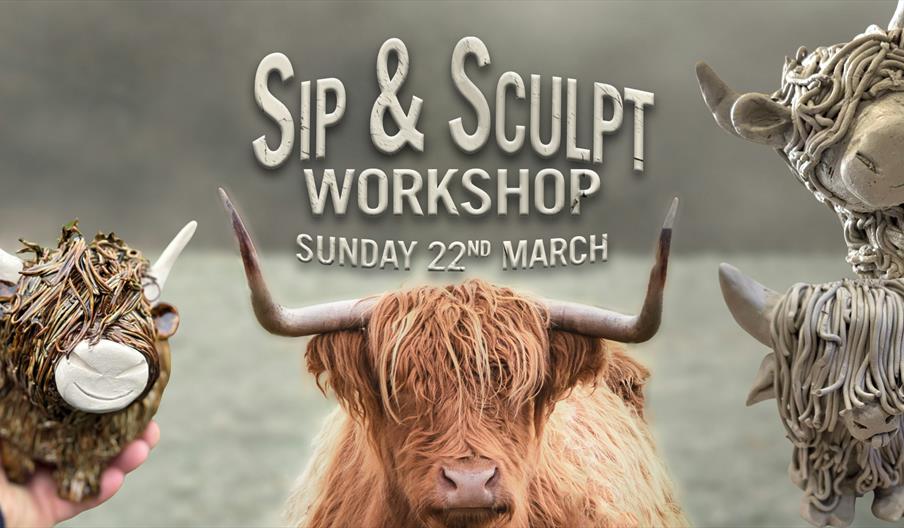 A picture of a Highland cow, surrounded by clary cows, with details of the event