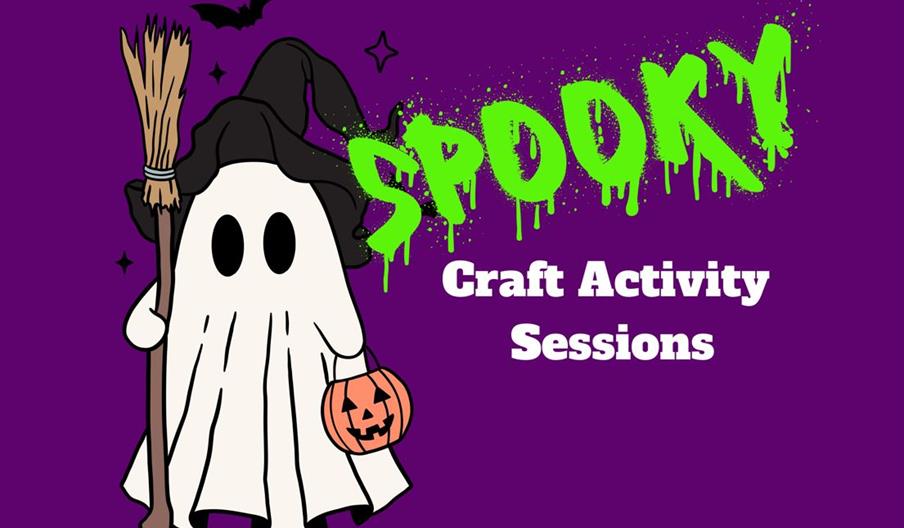A ghost in a witches' hat, holding a broomstick and pumpkin basket, with 'Spooky Craft Activity Sessions' written next to it