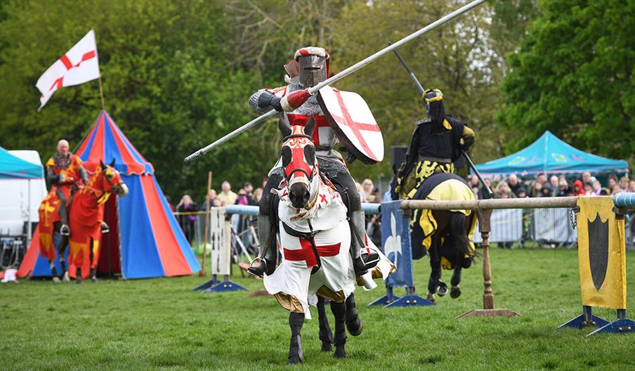 A jousting contest in progress, featuring a horse and soldier in Anglo-Saxon armoury running towards the camera, with gazebos and spectators in the ba
