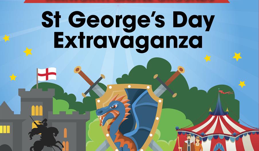 St George's Day poster with cartoon images of a castle, jousting, dragon and a circus tent