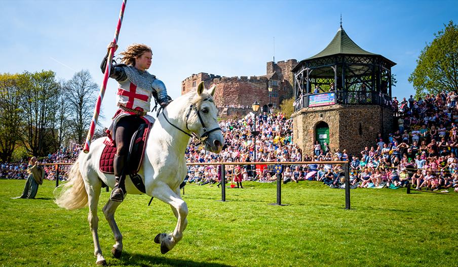 A knight, on horseback, ready for his jousting contest at Tamworth Castle Grounds, Staffordshire
