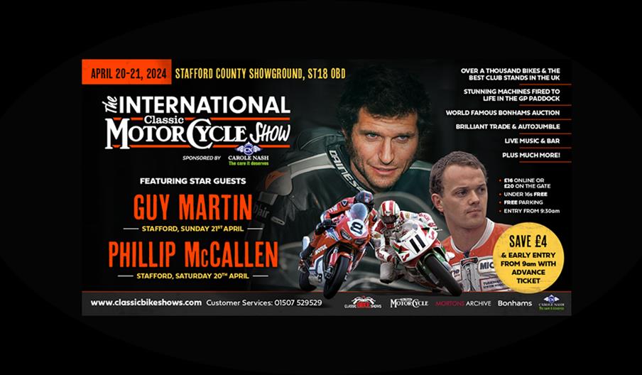 A graphic showing reasons to visit the International Classic Motorcycle Show, including appearances by Guy Martin and Phillip McCallen