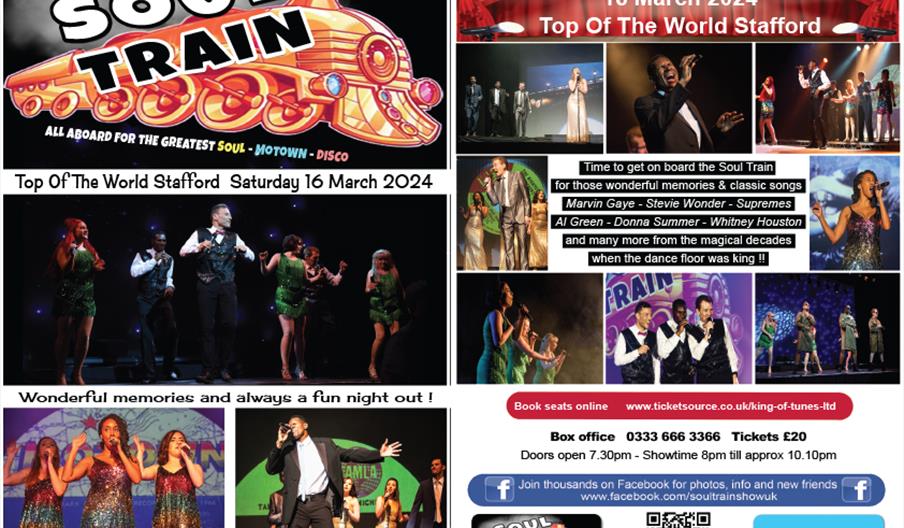 Image shows a montage of performers in action, and details of the Soul Train event