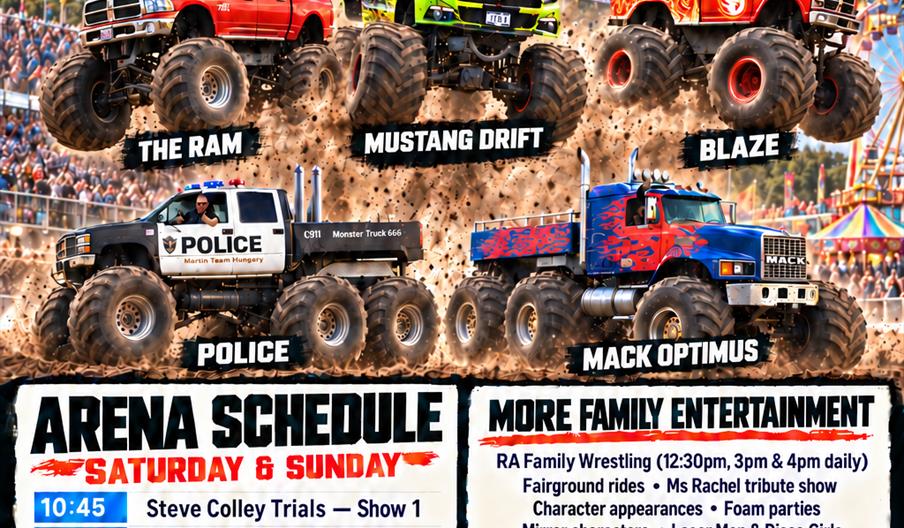 Promotional poster for Motorfest Staffordshire at Uttoxeter Racecourse featuring monster trucks, arena show times, family entertainment and fairground