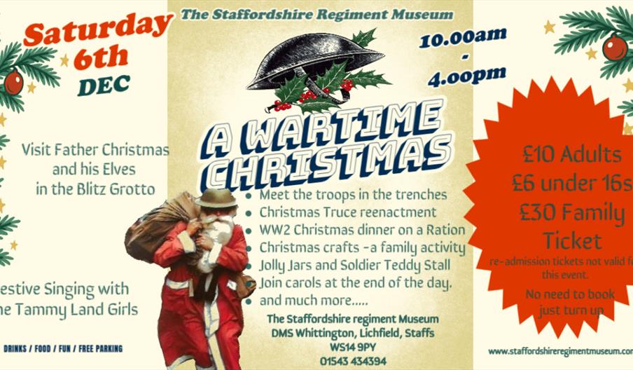Festive promotional poster for “A Wartime Christmas” event at The Staffordshire Regiment Museum. The design features a vintage military helmet with ho