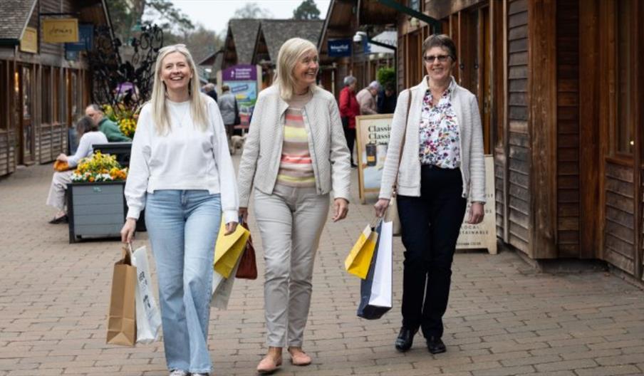 Happy women walking with shopping bags and celebrating Staffordshire Day