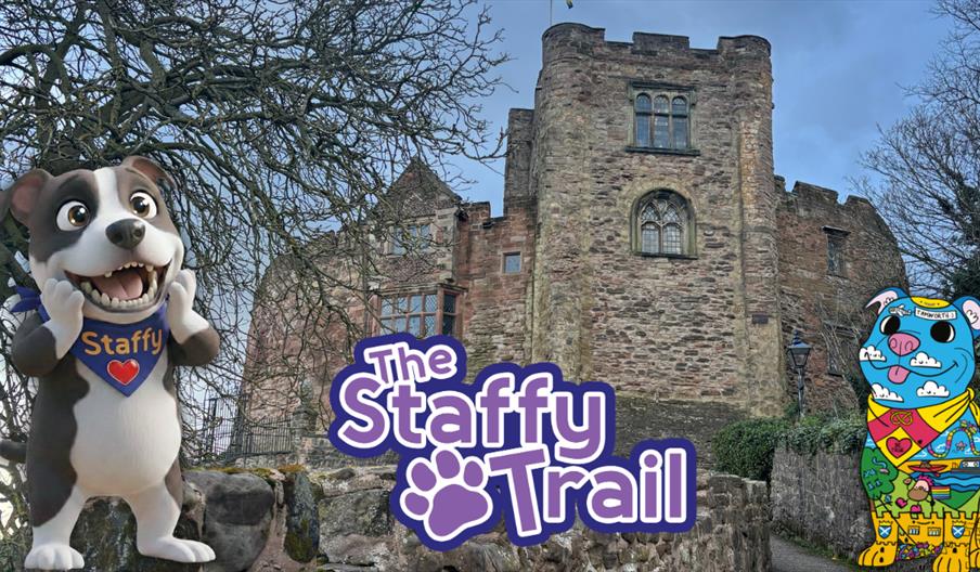 Follow the Staffy Trail around Tamworth town centre 1st May - 10th July 2026. Infographic with Tamworth Castle, Staffy character, Staffy Trail logo an