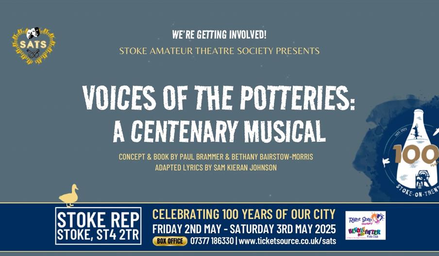 A graphic promoting Voices of the Potteries: A Centenary Musical, with details of the dates and venue, and a logo for the Stoke 100 celebrations