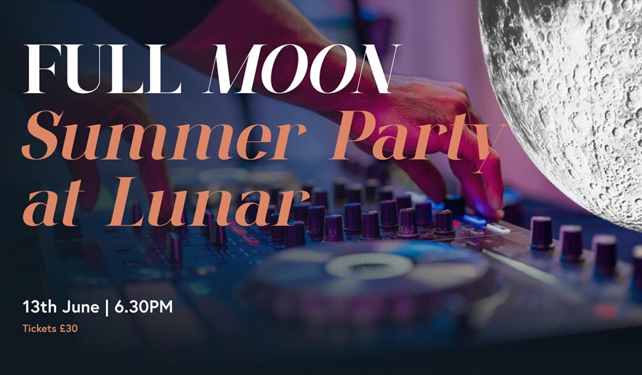 A graphic for the event, with the name, time, date and price of the event, over an image of a man DJing on the decks beside a huge Moon