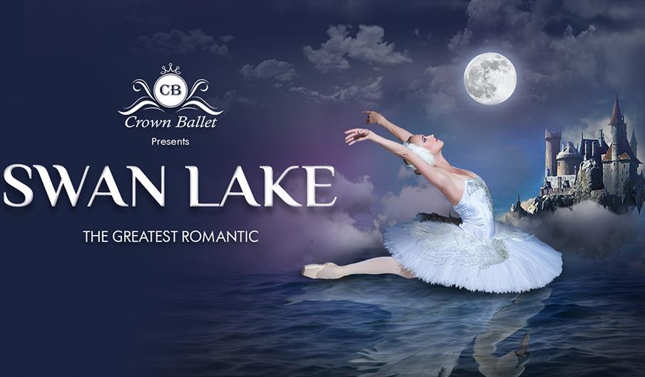 Poster for Swan Lake, with a ballet dancer in a swan pose in front of a castle