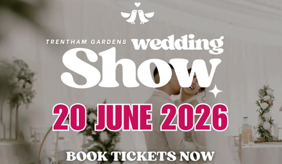 A happy couple in a marquee on their wedding day, with details of the event emblazoned on the image