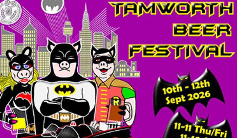 three cartoon pigs, dressed as cat-woman, batman and robin holding beers, in the foreground with a purple background and a city backdrop
