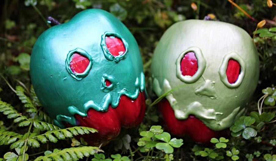 Two poisoned apples sitting on a bed of lush green moss