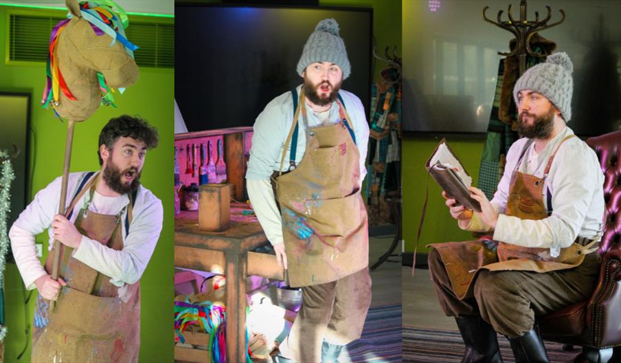 Collage of three images showing a performer in a workshop setting wearing a knitted hat and paint-stained apron. First image: holding a colorful hobby