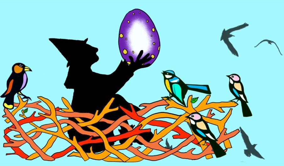 image of a witch holding an egg and surrounded by birds