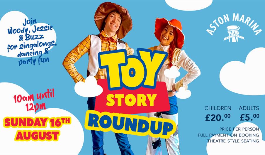 two people dressed in character costume from Toy Story with a blue background and white writing to give details of the event