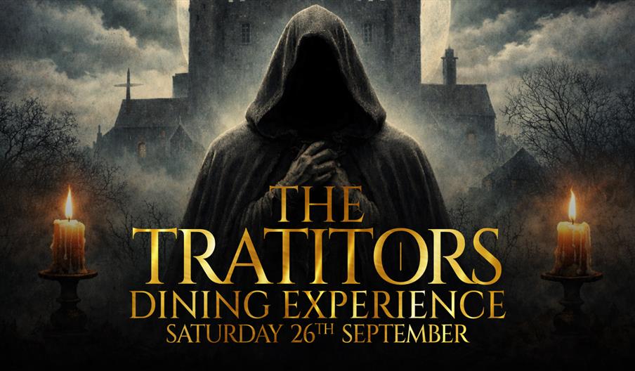 Image shows a cloaked figure, in front of an old building, with details of the event