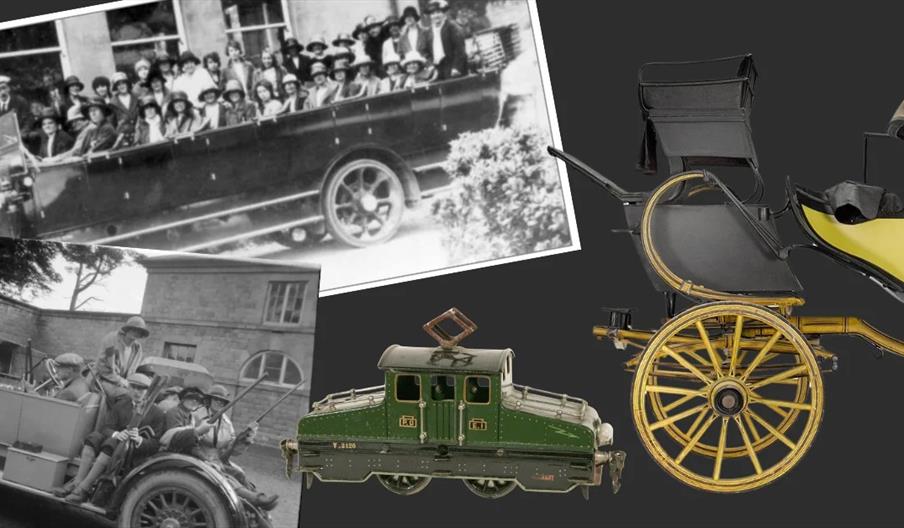 Historic and vintage transport vehicles, including an old coach, tram and motorbus.