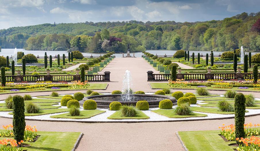 The Italian garden with lake beyond at the Trentham Estate, Stoke-on-Trent, Staffordshire.