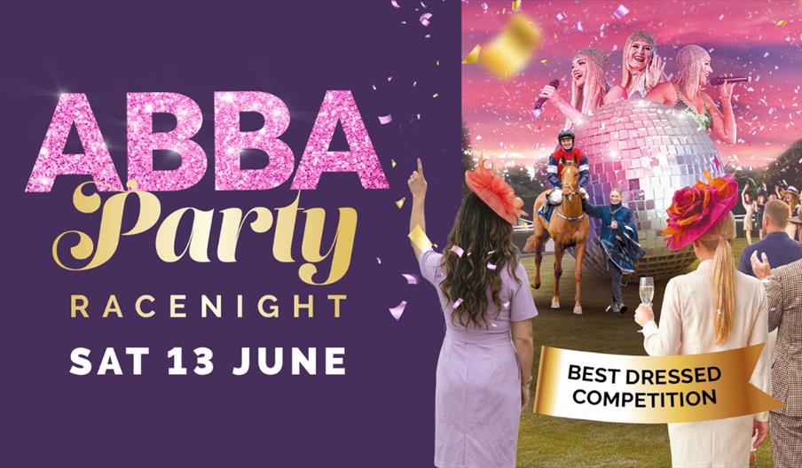 Event poster for ABBA Party Racenight at the racecourse with live entertainment.