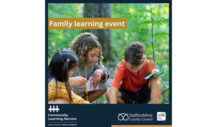 Children taking part in an outdoor family learning activity in woodland using magnifying glasses