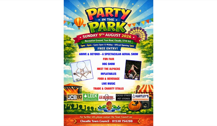 Colourful “Party in the Park” poster with family entertainment, funfair rides, aerial acts, and live music.
