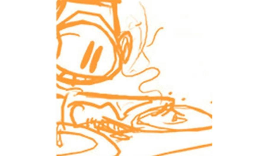 Minimalist orange line drawing of a person smelling or tasting food from a plate.