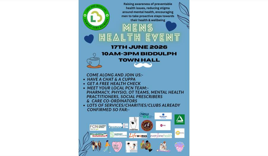 Poster for a Men’s Health Event on 17th June at Biddulph Town Hall, featuring event details, health awareness messaging, and service logos on a blue b