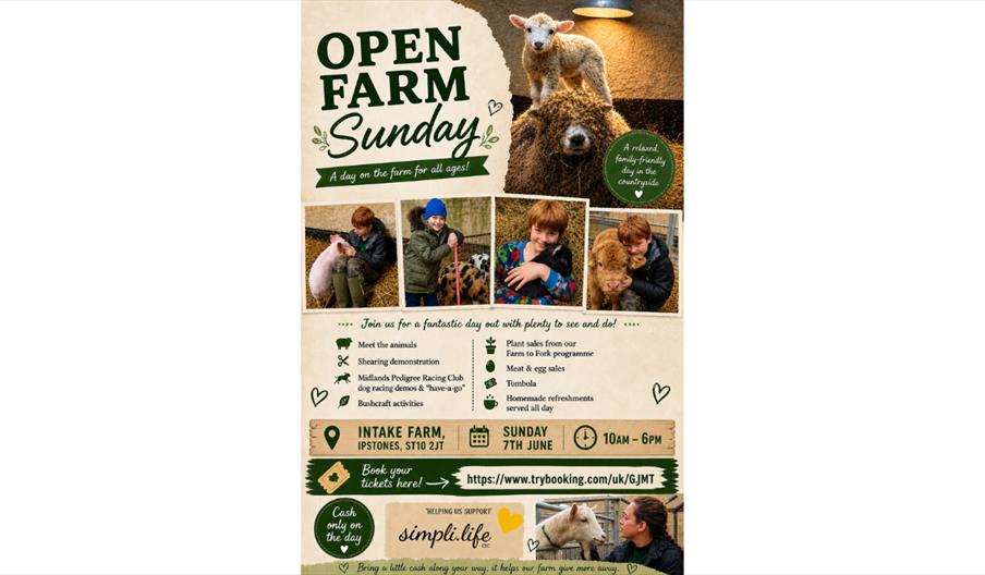 Open Farm Sunday poster featuring lambs, farm animals, and family-friendly activities at Intake Farm